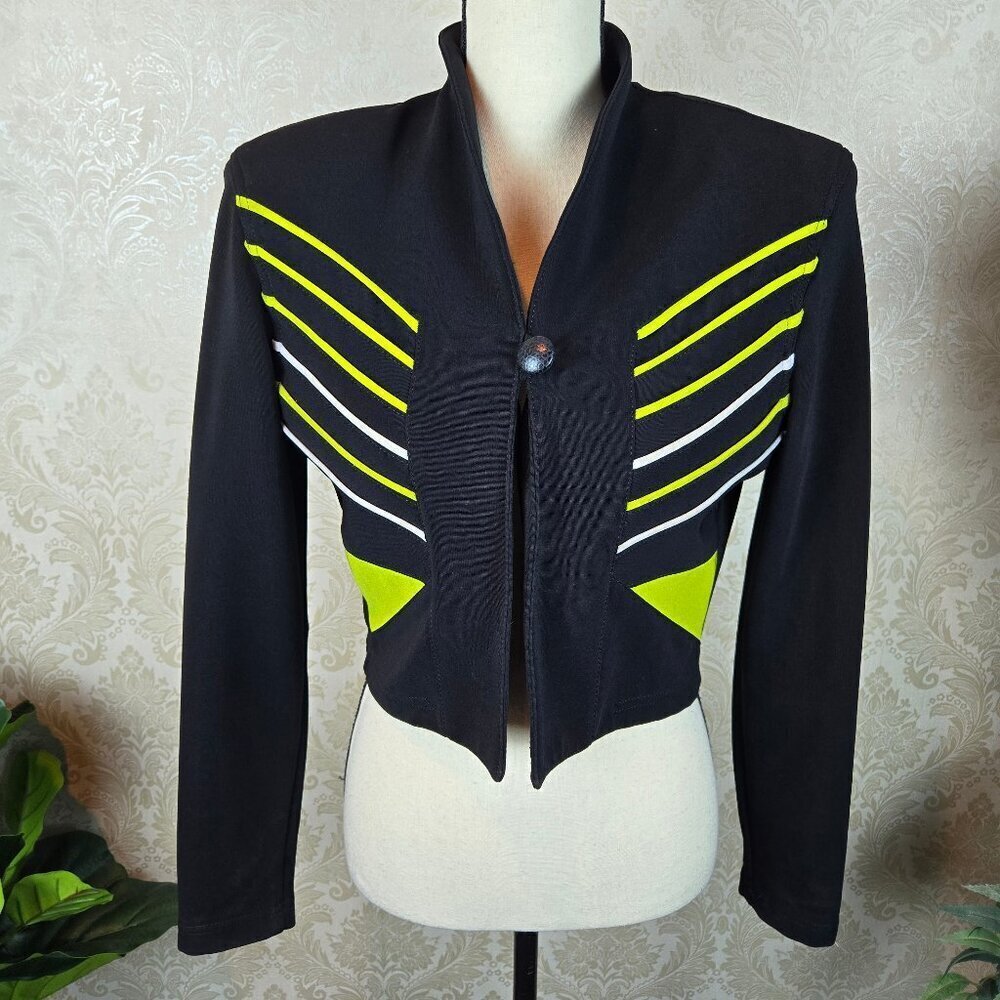 Vintage Andrea Isabella Size Small Cropped Black Blazer Green Accents Face - Picture 2 of 15